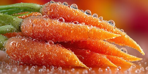 Fresh Orange Carrots Covered with Glistening Water Droplets, Close-Up, Vivid Colors

