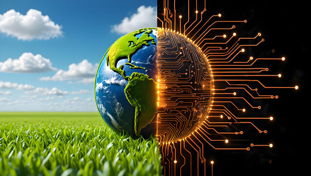 A vibrant earth globe merges with digital circuit patterns representing technology and nature, balancing growth and innovation. - Powered by Adobe