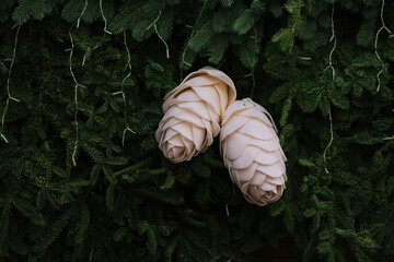 New Year's decor. Large pine cones decorate the restaurant's window.