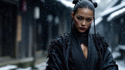 A woman in a black dress standing in the snow