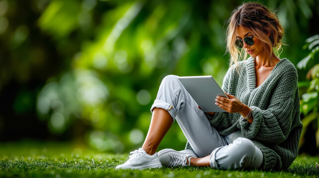 A woman sitting on the grass using a tablet computer - Powered by Adobe