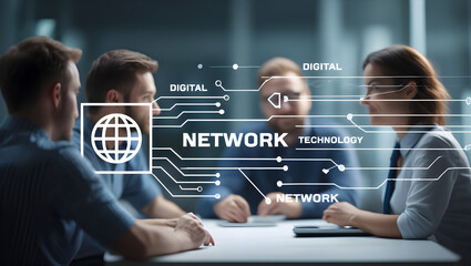 Business team collaborates with technology and digital network solutions in a modern office setting, driving innovation and connectivity.
