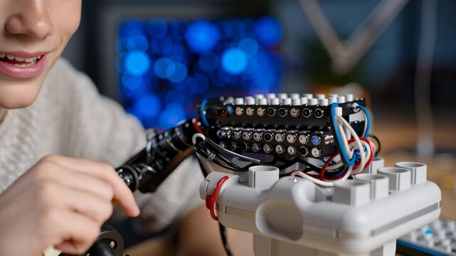 Smiling boy enjoys gamified learning with his robot invention. smart student focused engineering and technology concepts home
