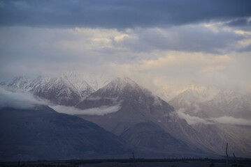 Scenic view of Nubra Valley, India. Nubra is a three-armed valley located in the Northeastern part of Ladakh, Diskit, Nubra district, about 150 km north of Leh, the capital of Ladakh, in Kashmir. Scen