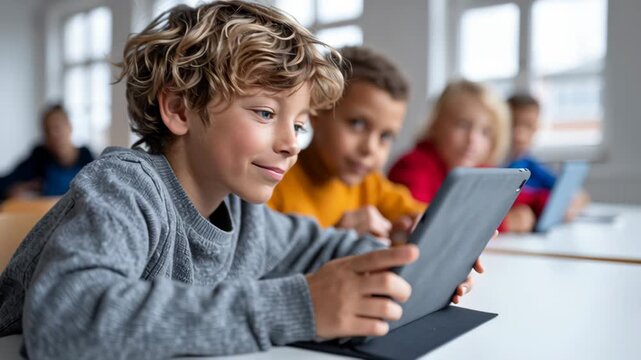 Gamified education in modern classroom happy student boy advances his learning with an interactive tablet