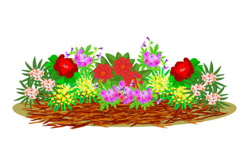 Mulch gardening concept with flower and red mulch on white background. Mulching of plants, soil protection. Landscape design mulch. Agriculture countryside outdoor seasonal work. Vector illustration
