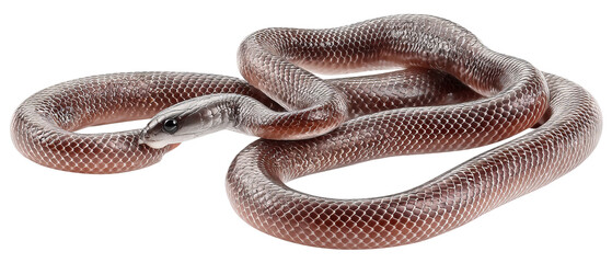 Fototapeta premium High‑resolution full‑body Brahminy blind snake isolated on transparent PNG background, realistic scale detail ideal cutout for herpetology infographics, wildlife education visuals