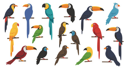 Set of 15 Flat Tropical Bird Icons Isolated on White Background