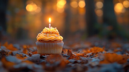 Cupcake with Candle on Autumn Leaves