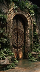 Naklejka premium Ancient stone door with intricate carvings and greenery