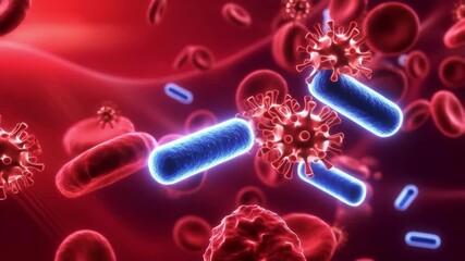 Virus, bacteria and blood cells in microscopic view for infection, disease and medical research with immunology. Healthcare, pathogen and pandemic with scientific visualization for biology - Powered by Adobe