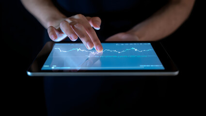 Person analyzes financial data on tablet device, viewing stock market charts and graphs with a bright screen on a dark background.