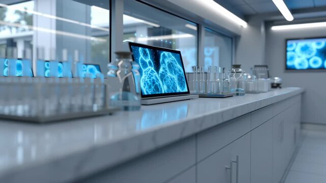 Futuristic ai technology in medical research laboratory for advanced covid diagnostics and glowing cell analysis