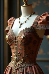 Obraz premium Intricate Steampunk Women's Dress Displayed on Mannequin – High Detail on White Background