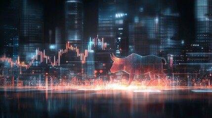Bullish market trends financial analysis urban setting digital art futuristic viewpoint investment concept