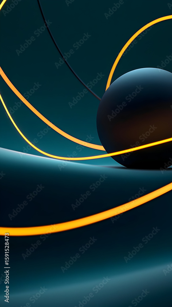 Poster dark teal background with glowing yellow lines and a dark sphere. dynamic, abstract design with curv
