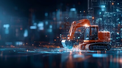 Innovative excavator technology transforming construction sites urban areas digital art night scene futuristic concept