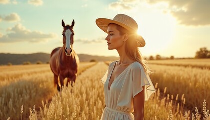 Profile of a young woman wearing a straw hat standing in a golden field with a horse at sunset