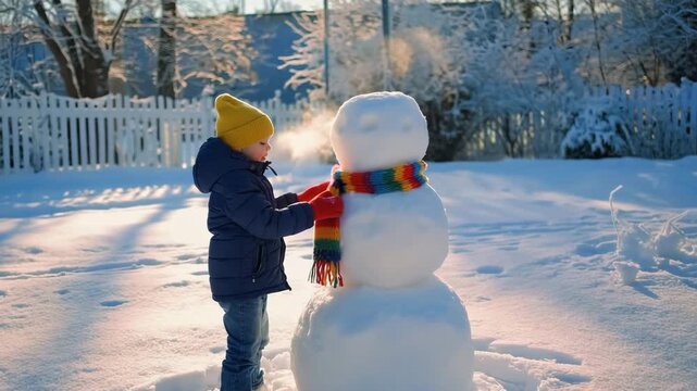 A joyful child warmly dressed for winter, building a snowman with a colorful rainbow scarf in a sunny, snowy backyard.