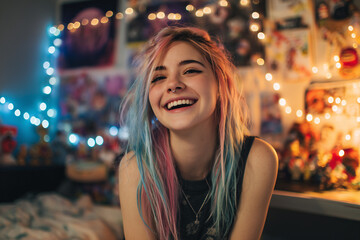 Happy Alternative Teen Girl with Colorful Hair in Cozy Bedroom &ndash; Trendy Gen Z Style with Fairy Lights