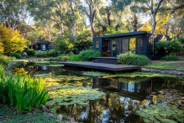 Obraz premium Peaceful Pondside Retreat With Modern Cabins