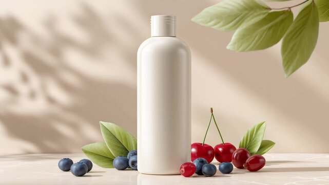 White cosmetic bottle placed on a light surface surrounded by fresh cherries and blueberries, with green leaves creating a natural ambiance, ideal for beauty product mock up with copy space