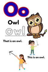 Owl Alphabet Fun Educational Illustration of the Letter O, Owl, and Reading, blending learning and fun