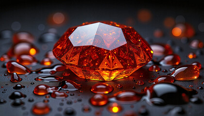 Close-up of a sparkling orange gemstone surrounded by droplets of water on a dark surface