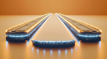 Two parallel glowing paths, futuristic and illuminated, lead towards the center. A smooth, light-orange background emphasizes the paths' brilliance. Blue lights accent the edges of the paths