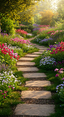 Stone pathway winding through a colorful flower garden, serene and inviting