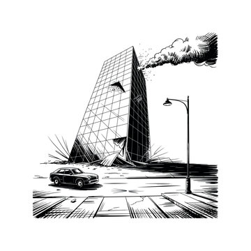 black and white building explosion scene clip art preview