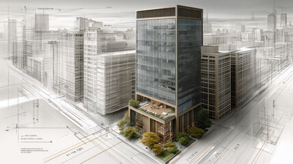 Modern office building glass facade urban cityscape architectural drawing rooftop garden high rise contemporary design professional
