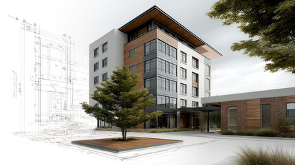 Modern building architectural design tree glass facade wood panel blueprint urban exterior contemporary style