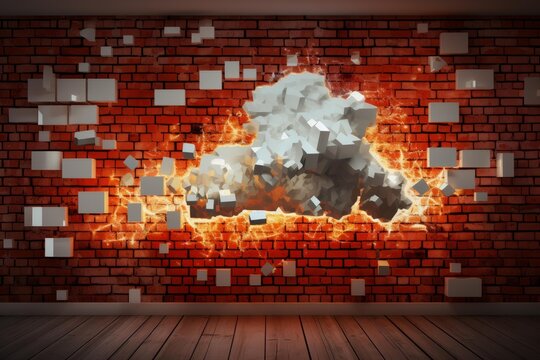 White cubes exploding from a brick wall with glowing orange light, creating a hole