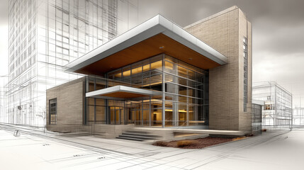 Modern architectural building with glass facade, brick walls, and angular roof, blending digital sketch and realistic design, urban environment