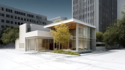 Modern glass building architectural concept urban environment sunlight tree minimalist design cityscape exterior view creative planning