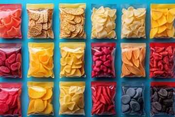 Colorful Assortment of Snack Bags on Vibrant Background