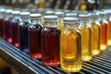 Colorful Glass Bottles Filled with Liquid on a Shelf Display