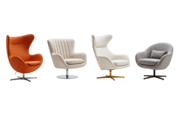 Collection of four modern designer chairs isolated on white isolated on transparent background