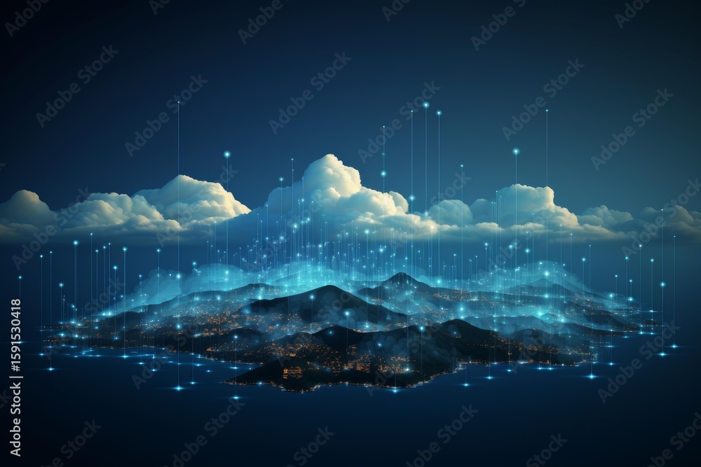 Poster futuristic island city at night with lights and data connecting to cloud computing network above