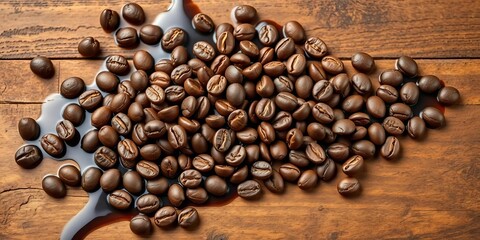Roasted coffee beans scattered on rustic wood, splashed with dark coffee liquid,  espresso,  detail