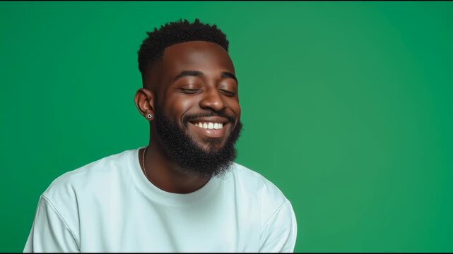 Happy young African man with beard against solid green backdrop positive expression, casual style