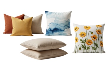 Collection of decorative pillows with floral and abstract designs isolated on transparent background