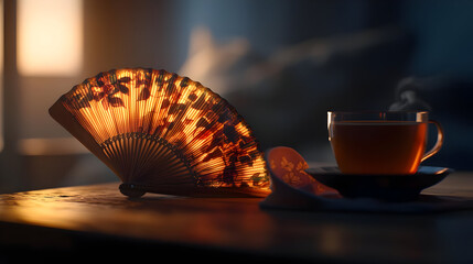 Gentle evening glow, tea and fan on a wooden table.  Soft light highlights a decorative fan and a cup of tea