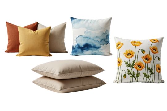Collection of decorative pillows with floral and abstract designs isolated on transparent background
