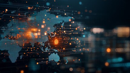 Global data visualization digital world infographic high-tech environment aerial view connectivity and innovation