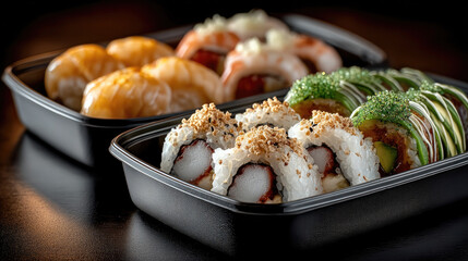 Sushi bento box with assorted sushi rolls, nigiri, fresh seafood, rice, avocado, and sesame, presented in black container