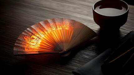 Ornate paper fan, warm light, beside teacup on wooden table