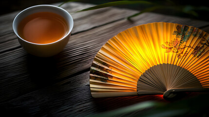 Warm tea and decorative fan on rustic wood.  A small cup of amber tea sits beside a light-up paper fan decorated with floral patterns.  