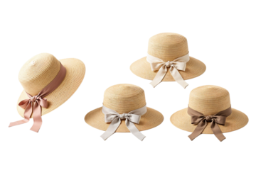 Four straw hats with bows isolated on transparent background